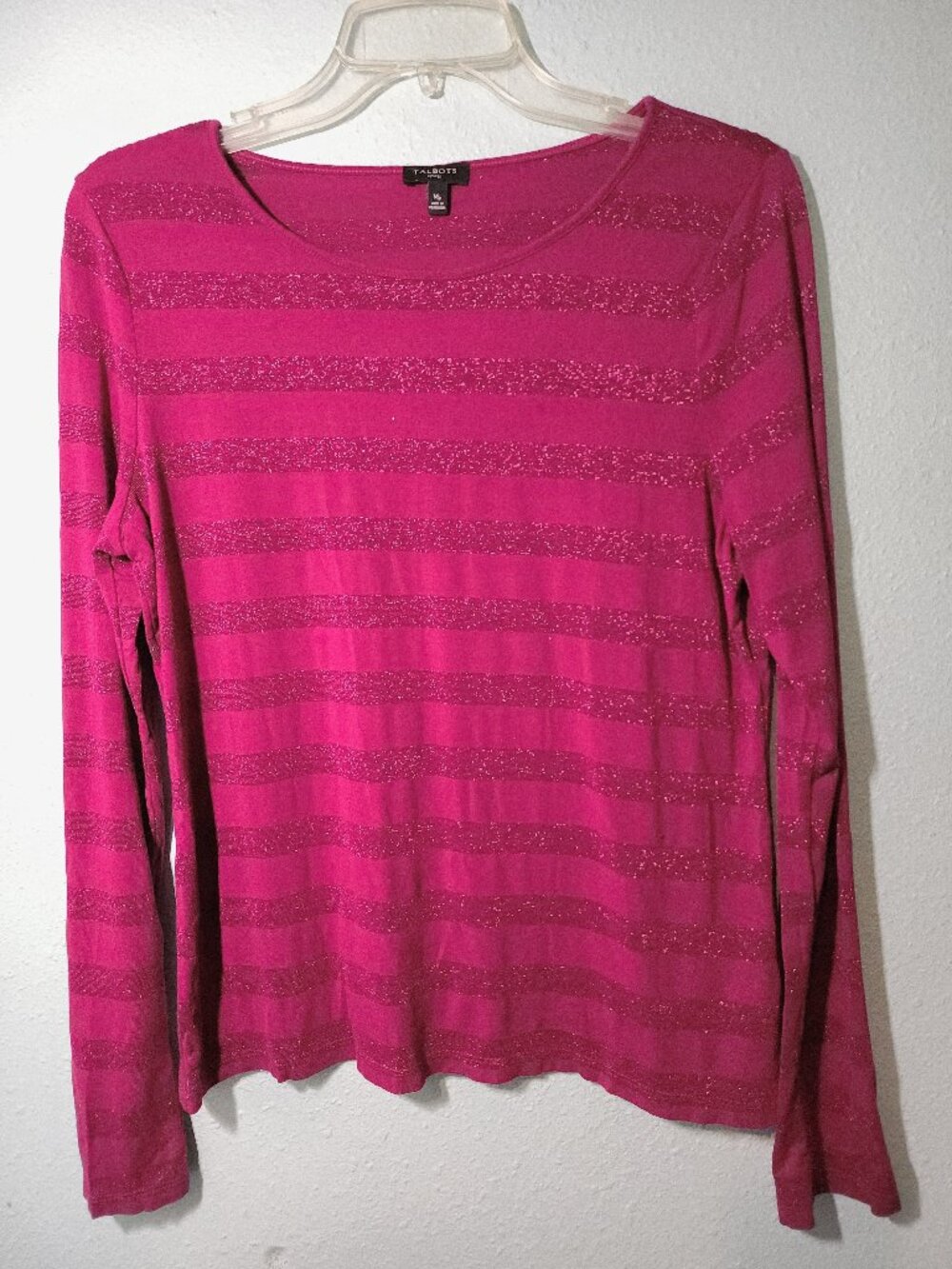 Talbots Women Raspberry Long Sleeve Magenta Metallic Striped Shirt Petite Medium